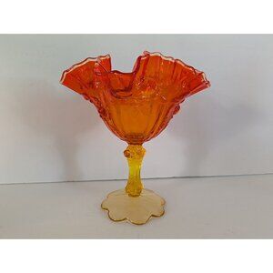 Vintage Fenton Orange & Yellow Ruffled Glass Compote Vase Floral Amberina